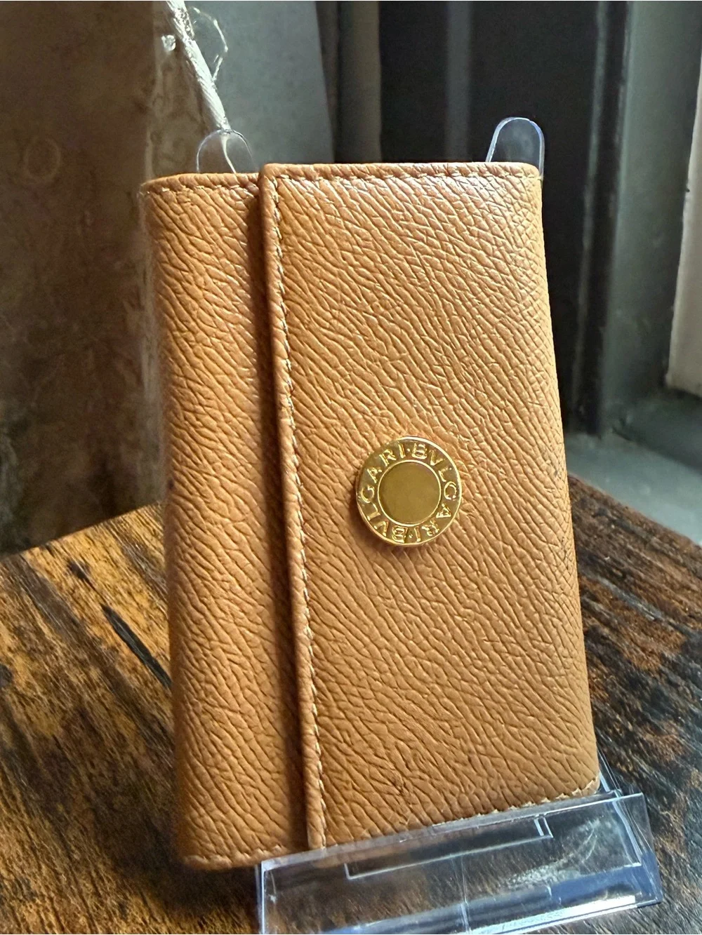Bvlgari Tan Pebbled Leather Wallet with Gold Logo Medallion